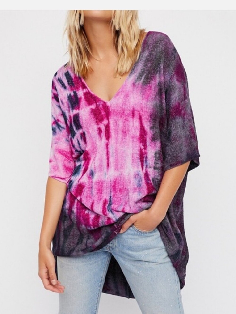 Free People Crushed Galaxy Tunic Top  Purple Size M Women’s V-Neck Tie-Dye Pink